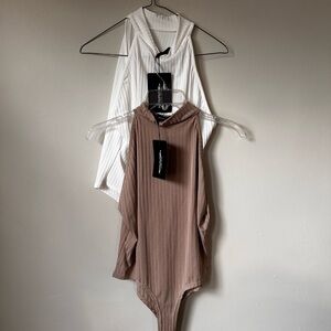 White and Tan Ribbed Bodysuits